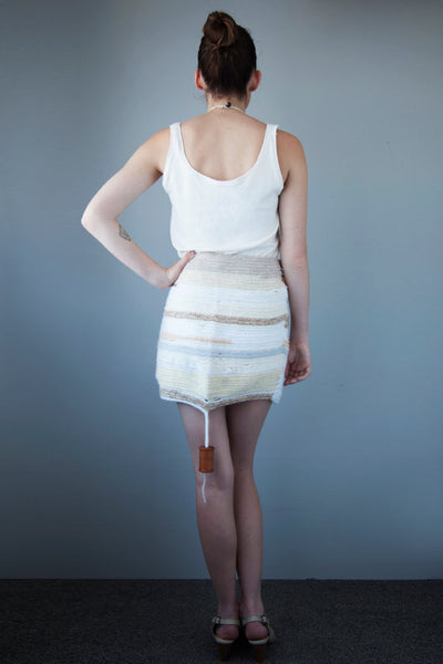 made of french knitted recycle wool scraps and hand turned buttons - pencil skirt - cream