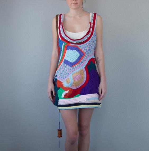 investment art, french knitted recycled wool scraps, party dress sculpture