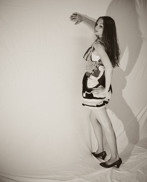 party dress, multi colored, french knitted recycled wool scraps. Digga Davie fashion photography