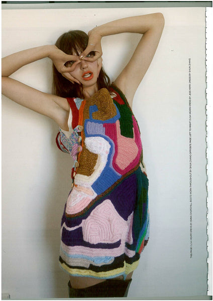 party dress, multi colored, french knitted recycled wool scraps. Image from NO Magazine NZ