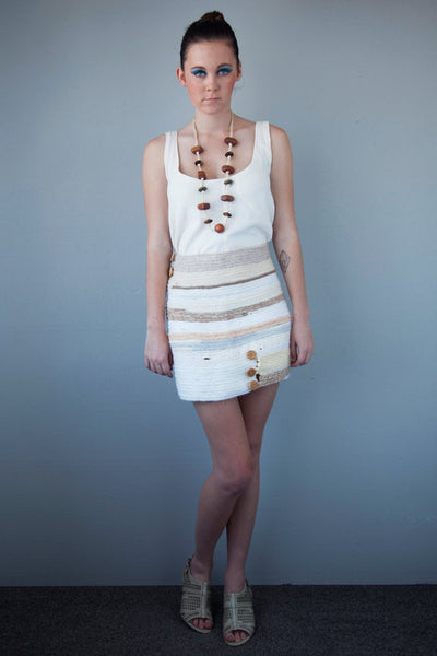 pencil skirt - cream colors - made of french knitted recycle wool scraps and hand turned buttons