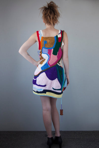 party dress back, multi colored, recycled wool scraps, wearable sculpture