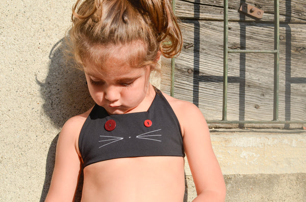 girls zero waste bikini top with cat face | size 3 - 5 years | sustainable swimwear - recycled fishing nets - made by hand in italy - recycled buttons