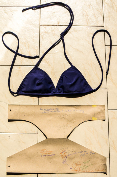 zero waste pattern cut for simple triangle bikini swimwear by emroce made in italy designed for surfing